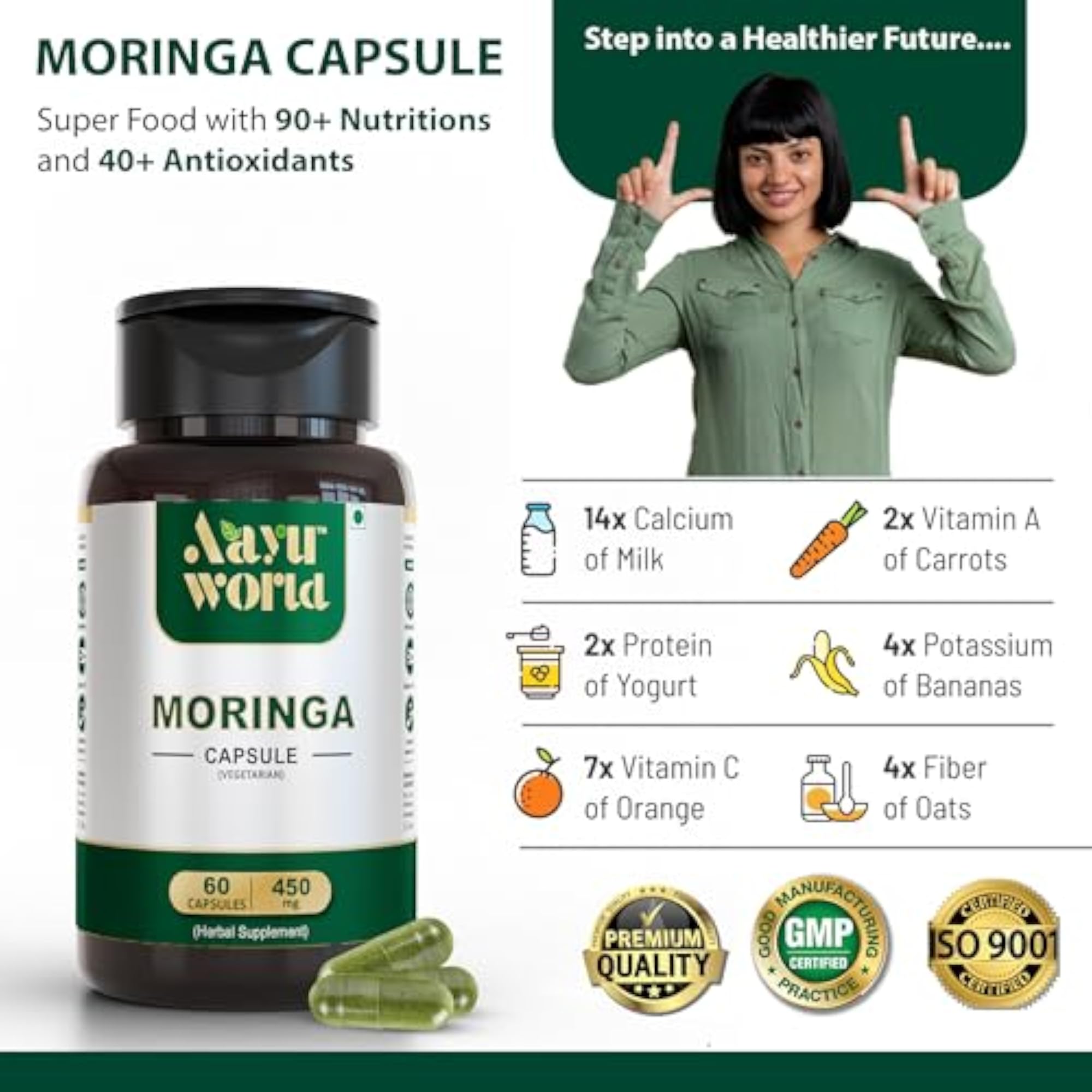 Aayuworld Moringa Capsules 450mg, Nutritional Supplement
